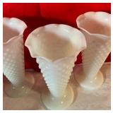 3 Vintage fluted White Milk Glass Hobnail Vases