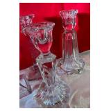 4 clear glass candlestick holders, 1 etched
