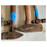 Vintage wood handled claw foot hammer and sledgehammers, plumb