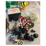 Group of collectable wind up toys, chalkboard, Las Vegas dice
