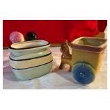 Pair vintage pottery planters Shawnee donkey, Russetti oriental couple