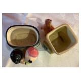 Pair vintage pottery planters Shawnee donkey, Russetti oriental couple