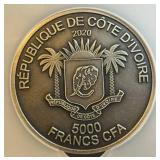 5oz 2020 Ivory Coast Antiqued Water Buffalo, Top Pop, 1 of 80, .999 Silver