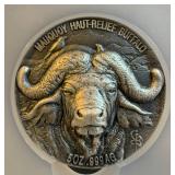 5oz 2020 Ivory Coast Antiqued Water Buffalo, Top Pop, 1 of 80, .999 Silver