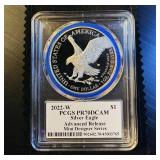 Perfect Emily Damstra 2022-W Silver Eagle, Blue Ring Mint Designer Series, Top Pop PR70 DCAM, 1 of 450