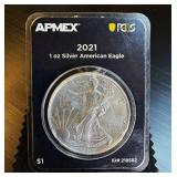 Apmex 2021 Type 1 Silver Eagle, PCGS 1st Strike Eligible, Sealed Holder