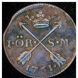 1761 Sweden 1 Ore, Unaltered Surfaces, KM# 460, Clipped Planchet, VF/VF+, 265 yrs old