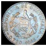 Uncirculated 1963 Guatemala Silver 25 Centavos, Unaltered w/Near Full Luster