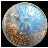 High Grade Uncirculated 1970-D Silver German 5 Deutsche Mark, Full Luster, Lettered Edge