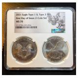 2021 Silver Eagle Two Coin Set, Types 1 & 2, Mint Fresh, FDI, NGC MS 70