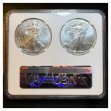 2021 Silver Eagle Two Coin Set, Types 1 & 2, Mint Fresh, FDI, NGC MS 70