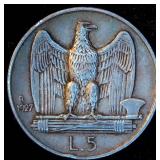 1927-R Italy Silver 5 Lire, VF/VF+, Edge Lettered, Scarcer KM# 67.2 Variety, Unaltered w/Glowing Luster
