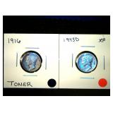(2) Circulated Mercury Dimes, 1616-P Toner + 1943-D