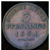 Moderately Scarce 1854 A Prussia 3 Pfenninge, Spectacular Variegated Toning, VF/VF+