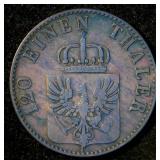 Moderately Scarce 1854 A Prussia 3 Pfenninge, Spectacular Variegated Toning, VF/VF+