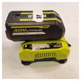 Ryobi 40V Lithium-Ion 4.0 Ah battery and its accompanying rapid charger