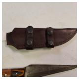 Fixed-blade knife with a distinctive Damascus steel blade - nice leather sheath