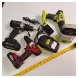 Lot includes a Ryobi 18V ONE+ HP brushless drill, a Ryobi 18V ONE+ work light, a Hyper Tough 20V drill, batteries & charger