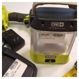 Lot includes a Ryobi 18V ONE+ HP brushless drill, a Ryobi 18V ONE+ work light, a Hyper Tough 20V drill, batteries & charger