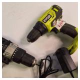 Lot includes a Ryobi 18V ONE+ HP brushless drill, a Ryobi 18V ONE+ work light, a Hyper Tough 20V drill, batteries & charger