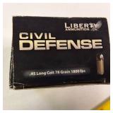 1 box of Liberty Ammunition Civil Defense cartridges in .45 Long Colt caliber