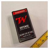 1 box of Winchester Defense 9mm Luger ammunition with 147-grain hollow point bullets.