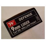 1 box of Winchester Defense 9mm Luger ammunition with 147-grain hollow point bullets.