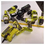 Large collection of Ryobi 18V ONE+ power tools, batteries, and chargers, combo kit
