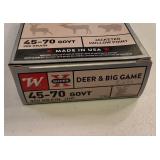 One box Winchester Super-X .45-70 Government 300-Grain Jacketed Hollow Point centerfire rifle ammunition