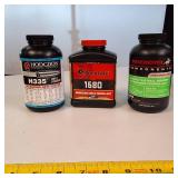 Lot of  three 1-pound containers of smokeless rifle powder from leading manufacturers