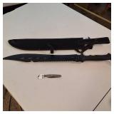 The BIG and the small.... a large, black survival-style knife and its matching nylon sheath :: a smaller folding pocket knife.