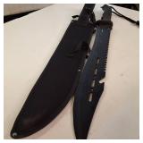 The BIG and the small.... a large, black survival-style knife and its matching nylon sheath :: a smaller folding pocket knife.