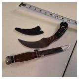 Lot of 2 Fixed Blade Knives: Damascus Steel Karambit & Vintage Stacked Leather Hunter