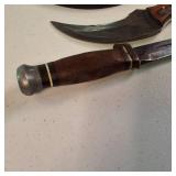 Lot of 2 Fixed Blade Knives: Damascus Steel Karambit & Vintage Stacked Leather Hunter