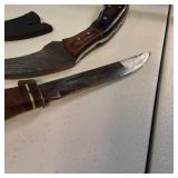 Lot of 2 Fixed Blade Knives: Damascus Steel Karambit & Vintage Stacked Leather Hunter