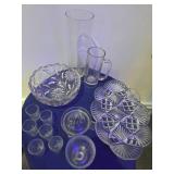 10 Piece Glass Lot- American Brilliant cut glass bowl & serving platter, juicer, shot glasses, sherbert dish,