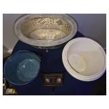 4 Piece Lot- Vintage small blue & white speckled enamelware, Ornate style ceramic plantar, Vintage silver-plated casserole dish, Vintage Entomologist