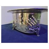 4 Piece Lot- Vintage small blue & white speckled enamelware, Ornate style ceramic plantar, Vintage silver-plated casserole dish, Vintage Entomologist