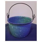 4 Piece Lot- Vintage small blue & white speckled enamelware, Ornate style ceramic plantar, Vintage silver-plated casserole dish, Vintage Entomologist