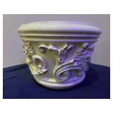 4 Piece Lot- Vintage small blue & white speckled enamelware, Ornate style ceramic plantar, Vintage silver-plated casserole dish, Vintage Entomologist