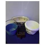 4 Piece Lot- Vintage small blue & white speckled enamelware, Ornate style ceramic plantar, Vintage silver-plated casserole dish, Vintage Entomologist