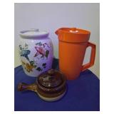 3 Piece Lot- Vintage Tupperware pitcher, Stoneware Cookie Jar, French Onion Soup Crock