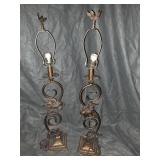 Two Vintage Wrought Iron table lamps with handcrafted metal flower design