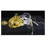 INDUSTRIAL HANGING LIGHTS, 3 SURGE PROTECTORS AND WIRES