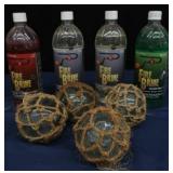 4 SMALL JAPENESE GLASS FISHING FLOATS, WITH 4 BOTTLES OF FIRE BRINE