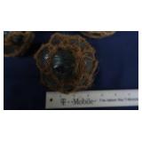 4 SMALL JAPENESE GLASS FISHING FLOATS, WITH 4 BOTTLES OF FIRE BRINE