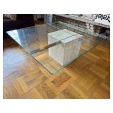 Mid Century Glass Coffee Table on Travertine Base with Stainless Steel Cross Rails - 40 in Square