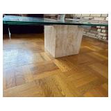 Mid Century Glass Coffee Table on Travertine Base with Stainless Steel Cross Rails - 40 in Square