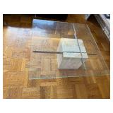 Mid Century Glass Coffee Table on Travertine Base with Stainless Steel Cross Rails - 40 in Square