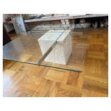Mid Century Glass Coffee Table on Travertine Base with Stainless Steel Cross Rails - 40 in Square
